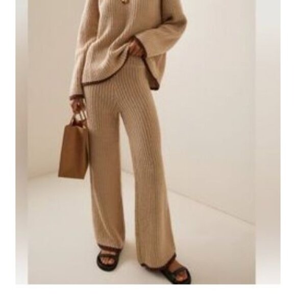 Zulu & Zephyr Sand Contrast Rib Knit Wide Leg Pants Size AU 14 US 10 - Picture 1 of 5